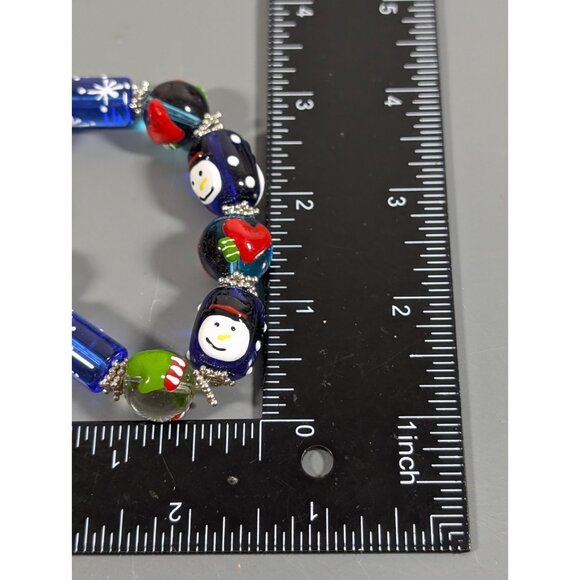 Winter Holiday Glass Stretch Bracelet Blue Green Red Heart Snowman Painted 6.5" - Picture 8 of 8